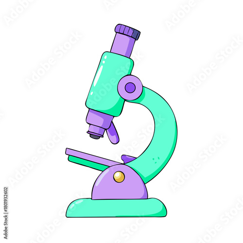 Funny cartoon android and scientist with a green plastic toy microscope in a chemistry lab
