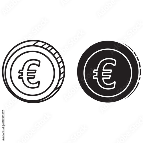 Two Euro Coin Icons, Outline and Solid Fill
