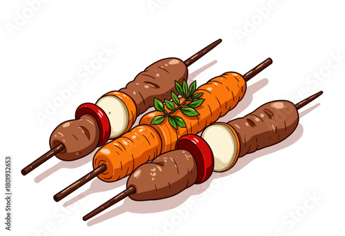 Colorful and Tasty Skewered Meat and Vegetable Kabobs with Fresh Garnish on Wooden Sticks Illustration
