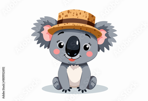 Adorable Illustrated Koala Wearing a Straw Hat with Blushing Cheeks and Bright Eyes Sitting on a White Background