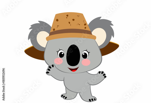 Adorable Cartoon Koala Wearing a Stylish Brown Hat and Playfully Posing Against a Simple White Background