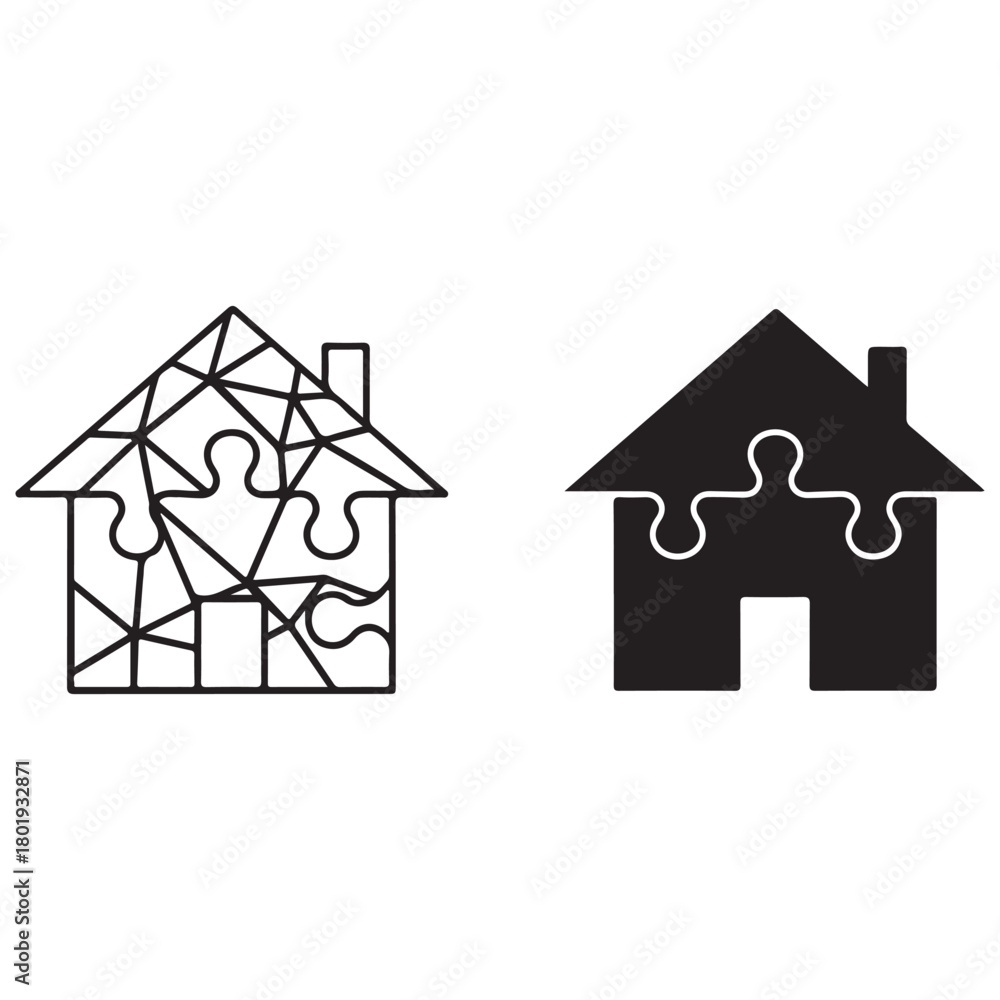 Fototapeta premium Two Puzzle Houses Icons - Outline and Solid