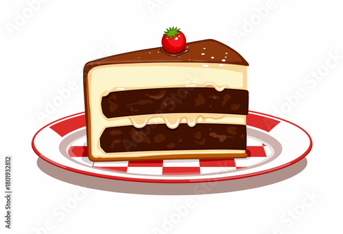 Delicious slice of chocolate layer cake with creamy frosting and cherry topper on a checkered plate