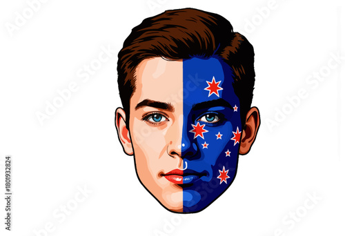 Illustration of a Person with Face Painted Half in New Zealand Flag Colors and Stars on the Cheek Symbolizing National Pride