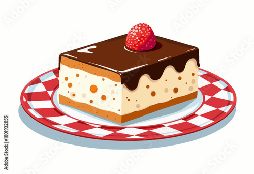 Illustration of a Delicious Chocolate Glazed Cheesecake Slice with a Strawberry on a Decorative Red and White Checkered Plate