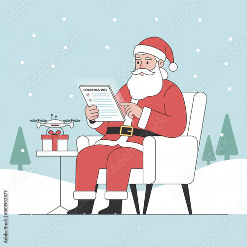 Flat illustration of Santa Claus designing a drone to distribute gifts on Christmas day