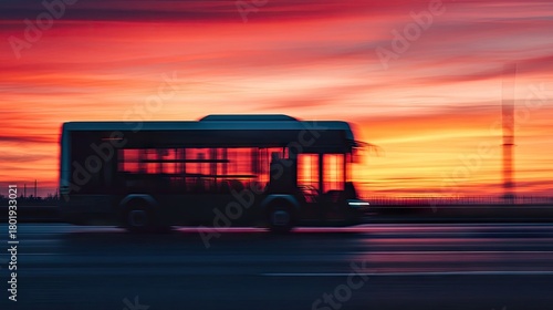 Dramatic Sunset Scene Featuring Motion Blur of City Bus Silhouetted Against Vibrant Colorful Sky at Dusk with Striking and Artistic Visual Elements