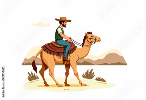 Illustration of a Man in Western Attire Riding a Camel through a Desert Landscape with Distant Mountains and Sparse Vegetation