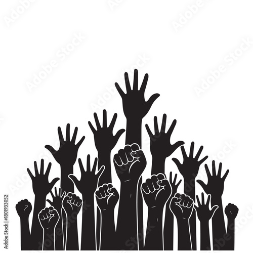 Silhouette of Raised Hands and Fists Against White Background