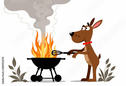 Animated cartoon dog cooking on a barbecue grill with flames and smoke, surrounded by plants, wearing a red collar, showcasing outdoor fun and culinary adventure
