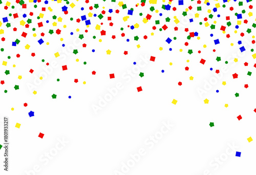 Vibrant cascade of multicolored geometric confetti shapes descending against a clean white background creating a festive and playful atmosphere