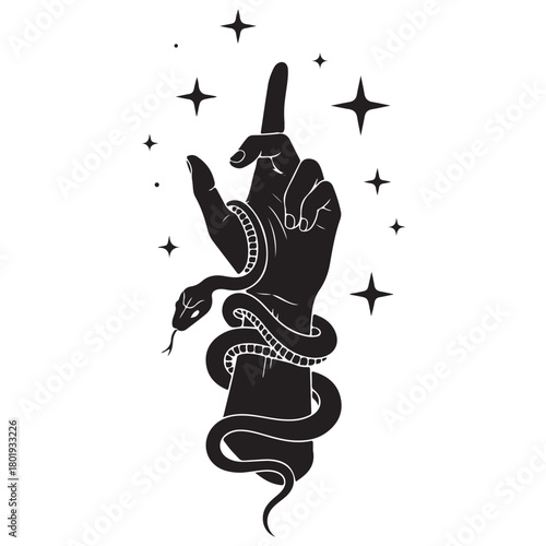 Stylized black silhouette of a hand with an upward-pointing finger, entwined with a snake and surrounded by mystical stars on a white background