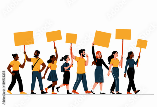 Illustration of diverse crowd walking together holding blank protest signs demonstrating unity and social activism for a common cause