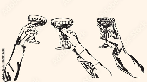 Vintage Hand Holding Cocktail Cheers Illustration