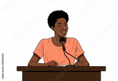Confident Young Woman Delivering a Speech at Podium with Microphone Against Plain White Background