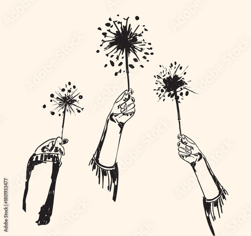 Vintage Hand with Bengal Fire Sparkler Illustration