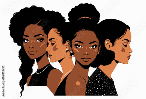 Elegant Portraits of Diverse Women with Distinct Hairstyles and Fashion Styles Highlighting Beauty and Confidence in a Bold Artistic Representation