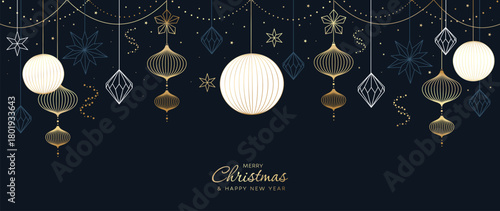 Christmas and Happy New Year greeting banner vector illustration with hanging gold lanterns ornaments and navy backdrop — luxury design for holiday promotions and invitations