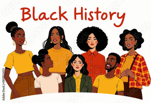 Illustrated Group Portrait Celebrating Black History with Diverse Individuals Showcasing Unity and Cultural Pride in Vibrant and Colorful Attire