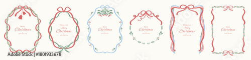 Christmas and New Year decorative frames vector illustration with mistletoe ribbons red curves and minimal festive borders — clean design for greeting cards and holiday stationery