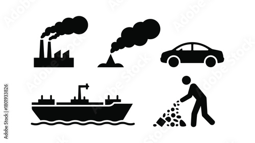 Environmental Pollution Icons Set: Industrial, Vehicle, Marine & Waste Impacts