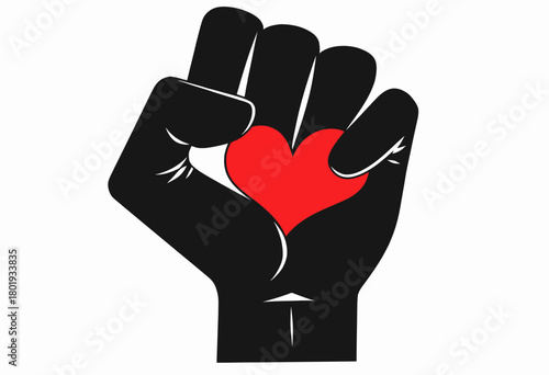 Bold Graphic of a Raised Black Fist Clutching a Red Heart Symbolizing Strength, Unity, and Passion in a Striking Minimalist Art Design