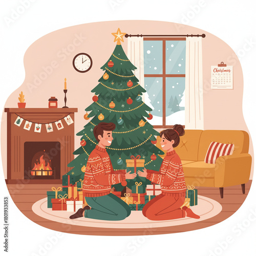 Flat illustration of a man and woman happily welcoming a couple 