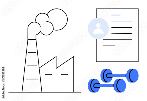Factory emitting smoke, profile document with personal information, and blue dumbbells highlight the balance between industry, fitness, paperwork, responsibility. Ideal for business, health