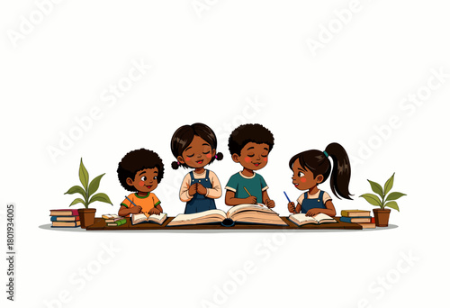 Four Children Engaged in Academic Learning with Books and Plants, Illustrating Collaborative Study in a Peaceful Environment