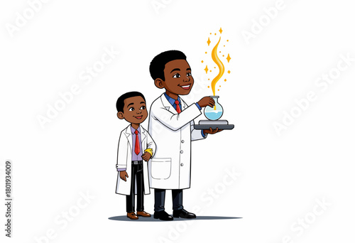 Two Young Scientists Experiment with Chemical Reactions in Laboratory Wearing White Coats and Smiling Confidently at Bubbling Concoction