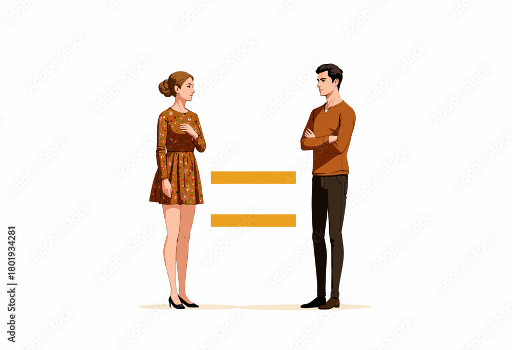 Naklejka premium Illustration of a man and woman facing each other with an equal sign between them, symbolizing gender equality and mutual respect