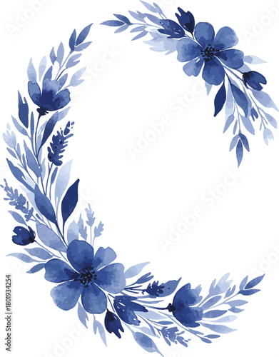 Elegant blue floral wreath shaped like letter c with delicate watercolor flowers and leaves
