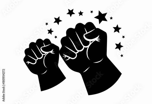 Silhouetted Fists Raised with Stars Representing Strength and Unity Illustrative Graphic