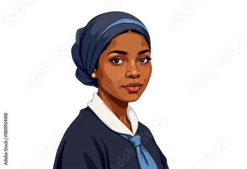 Portrait of a Young Woman in a Blue Headscarf and Navy Outfit with a Confident Gaze Set Against a Neutral Background