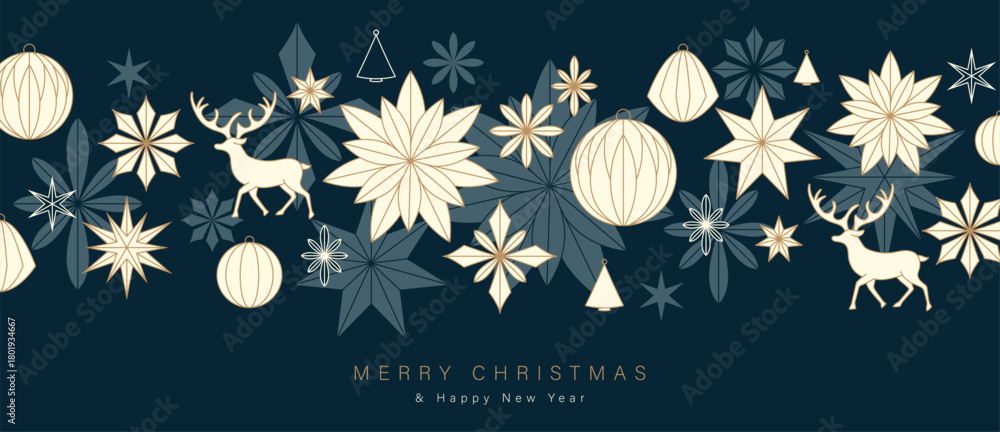 Naklejka premium Christmas and Happy New Year greeting banner vector illustration with navy background cream florals stars reindeer and ornaments — elegant background for holiday promotions
