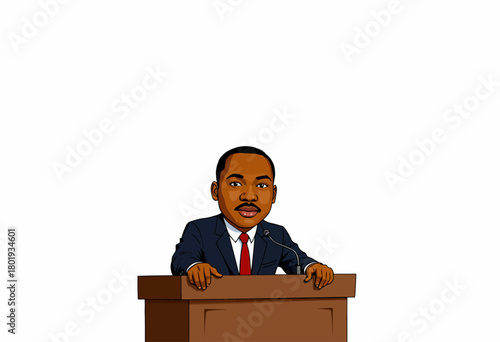 Illustration of a Young Man in a Suit Delivering a Speech Behind a Podium with a Confident Expression and Background Suitable for Public Speaking Themes