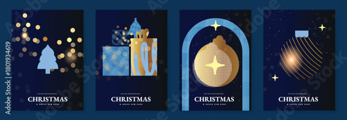 Christmas and Happy New Year greeting card vector set with dark navy backgrounds golden ornaments stars gifts and glowing festive shapes — premium design for seasonal greetings