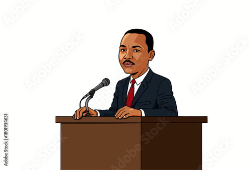 Cartoon depiction of a well-dressed man delivering a speech at a podium with a microphone, portrayed in a formal setting, emphasizing oratory and communication skills.