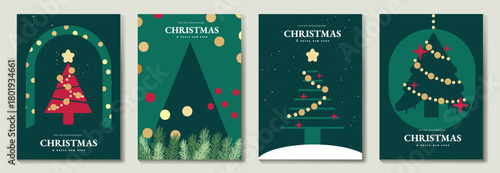 Christmas and Happy New Year greeting card vector set with green forest tones geometric trees colorful ornaments and warm festive lights — charming design for winter holiday cards
