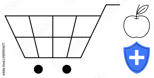Empty shopping cart, apple outline, shield with cross symbolizing health, wellness, and nutrition. Ideal for healthy living, groceries, diet, medical safety wellness habits prevention simple flat