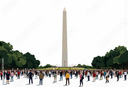 Crowd Gathered at Famous Tall Landmark Surrounded by Lush Greenery on a Clear Day