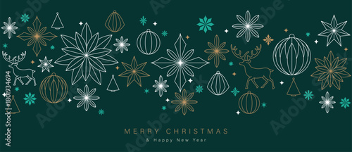 Christmas and Happy New Year greeting banner vector artwork with deep green background gold stars ornaments and reindeer — stylish festive design for greeting cards and ads