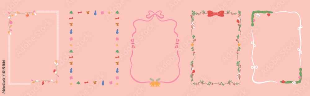 Fototapeta premium Christmas and New Year decorative frames vector illustration with pink background ornaments festive icons holly lines and ribbon borders — cute design for greeting cards and seasonal prints