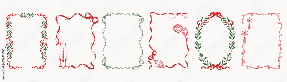 Obraz premium Christmas and New Year decorative frames vector illustration with red green holly wreaths ornaments ribbon curves and winter foliage — festive design for greeting cards and seasonal prints