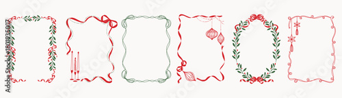 Christmas and New Year decorative frames vector illustration with red green holly wreaths ornaments ribbon curves and winter foliage — festive design for greeting cards and seasonal prints