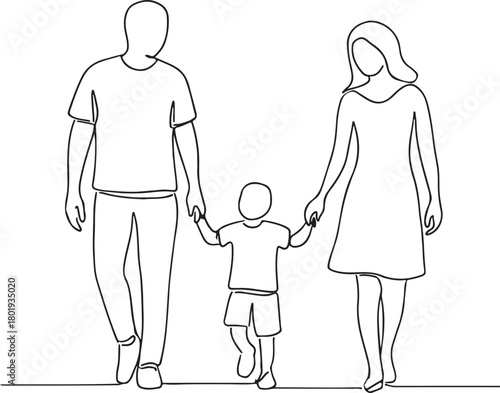 Happy family in continuous line art drawing style. Front view of parents with their little kid holding hands and walking together black linear sketch isolated on white background. Vector illustration