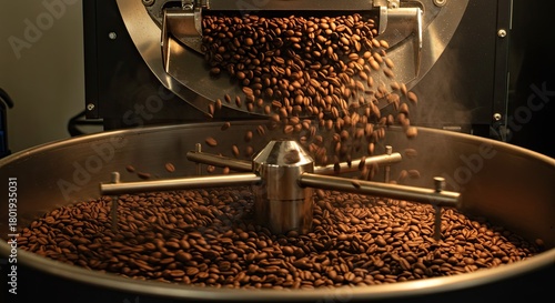 Freshly roasted coffee beans pouring into a roasting machine close up