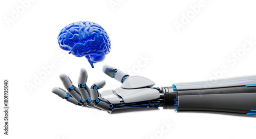 Robotic hand holds glowing blue brain model isolated on transparent background.