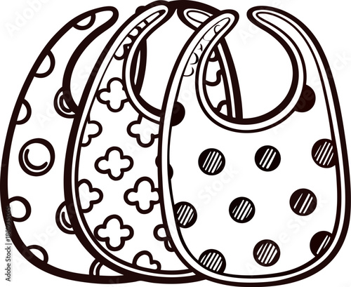 Set of three patterned baby bibs with polka dots and floral designs outlined in black and white illustration