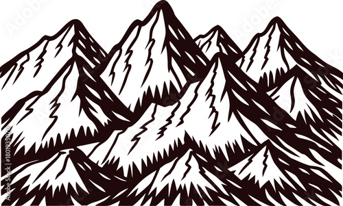 Hand drawn mountain range with snow covered peaks in vintage engraved sketch illustration